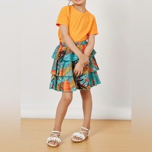 NWOT SHEIN Tropical Blue and Orange Tiered Skirt - Size 7 (Girls)